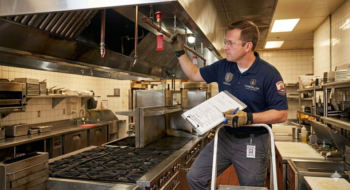 Timberline Fire Systems technician inspecting kitchen hood suppression system